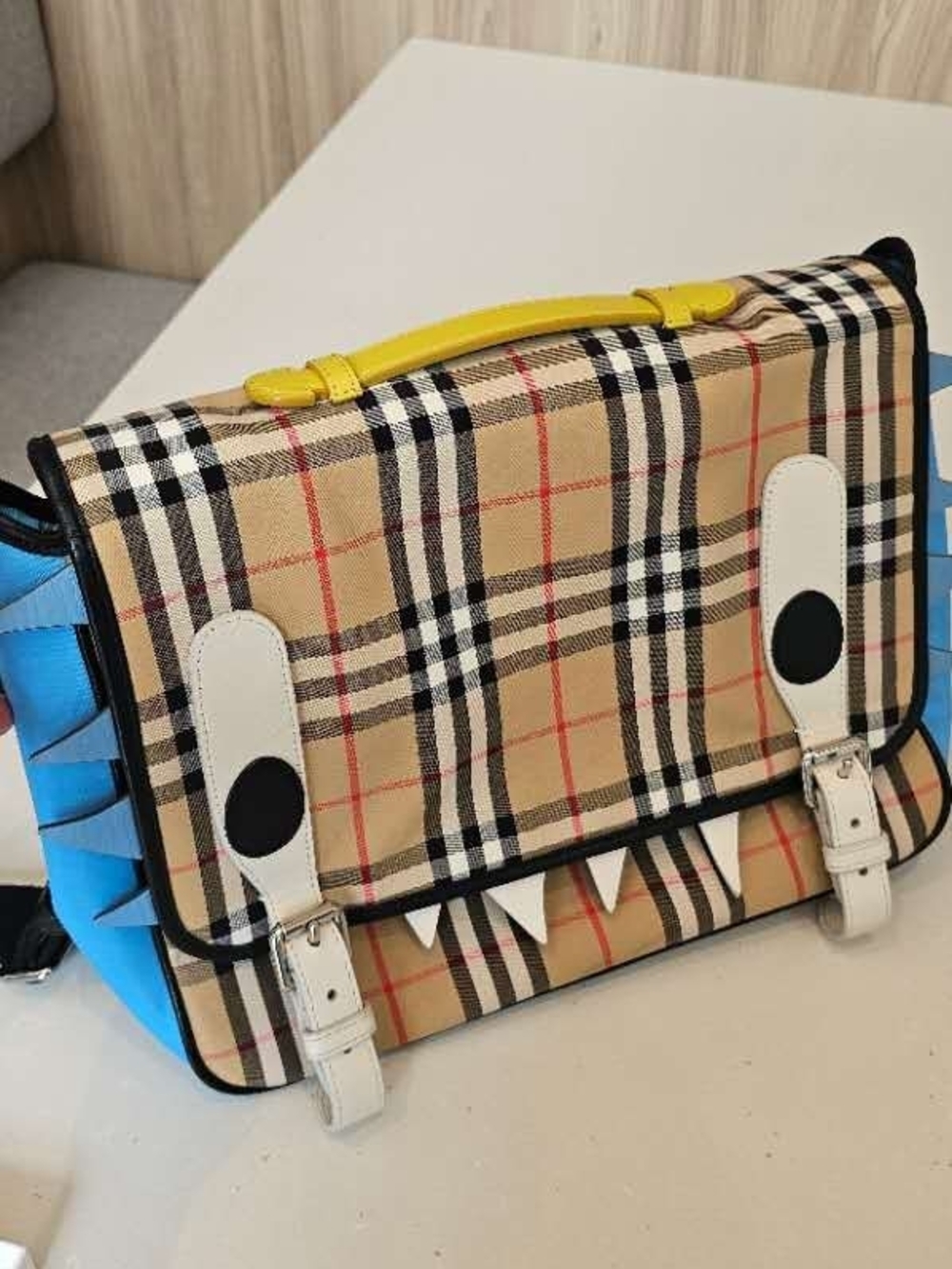Checked Canvas Messenger Bag with Blue Sides and Yellow Handle